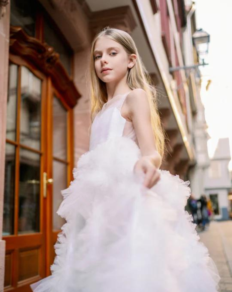 Picture of LONG WHITE FLOWER GIRL PRINCESS DRESS WITH RUFFLES